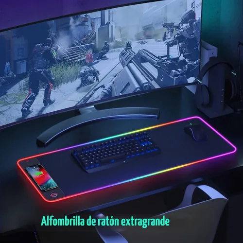 Vista 6 de Alfombrilla de mouse LED RGB con cargador inalámbrico de 15 W, alfombrilla de mouse para juegos con 10 modos de luz, alfombrilla de mouse extra