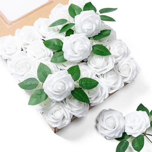 Vista 19 de Aegero Flores artificiales, 25 rosas falsas de espuma con tallos para ramos de boda, centros de mesa de despedida de soltera, arreglos, mesas