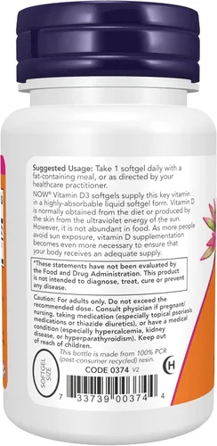 Vista 3 de Now Supplements, Vitamina D3 5,000 UI, Alta Potencia, Soporte Estructural*, 30 cápsulas blandas
