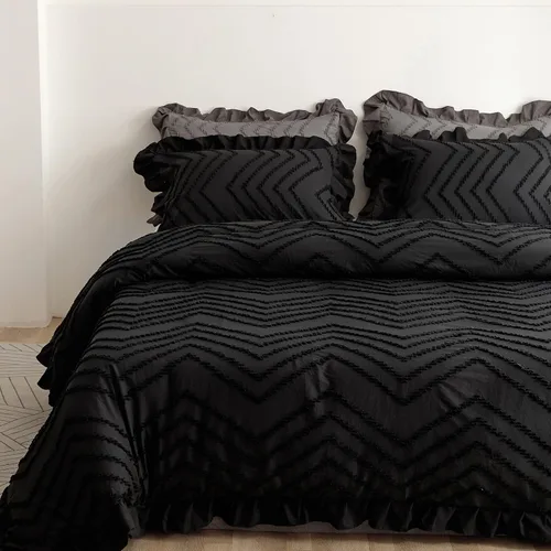 Vista 3 de Juego de funda de edredón copetuda, funda de edredón suave y transpirable con cierre de cremallera, ropa de cama bohemia bordada con volantes