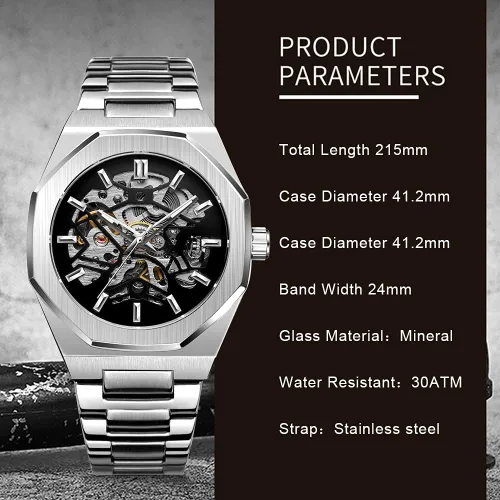 Vista 5 de Tiong Reloj de pulsera mecánico de acero inoxidable de esqueleto de lujo, resistente al agua, negro, automático, para hombre