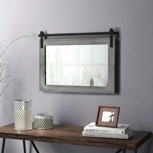 Vista 58 de COGOOD Espejo de puerta de granero de granja, 25 x 18 pulgadas, espejo decrativo con marco de madera rústica para baño, sala de estar, decoración