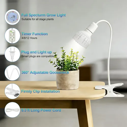Vista 6 de Luz LED de Crecimiento, Lámpara de Plantas con Clip de Cuello de Cisne de Espectro Completo Blanco 5000K para Plantas de Interior de Escritorio