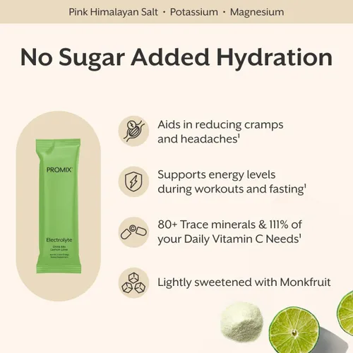Vista 2 de ProMix Nutrition Paquetes de electrolitos en polvo, sin azúcar, cero calorías, sin stevia, aptos para el ayuno, sal rosa natural del Himalaya, lima
