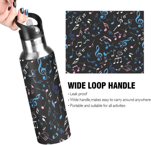 Vista 4 de Colorful Musical Notes Insulated Stainless Steel Water Bottle with Straw 20 Oz Leakproof Water Bottles, BPA-Free Sports Water Bottle with Straw