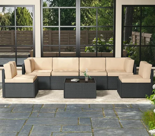 Vista 10 de AECOJOY Juego de muebles de patio al aire libre de 7 piezas, sillas seccionales de conversación al aire libre con mesa auxiliar, patio seccional