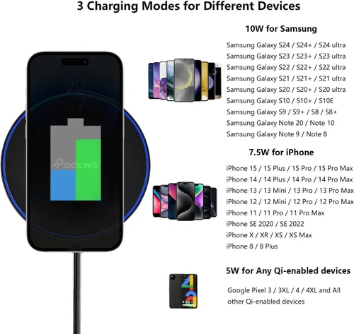 Vista 2 de Pocxwa Cargador inalámbrico para Samsung iPhone LG, almohadilla de carga inalámbrica rápida