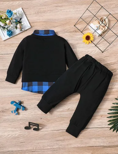 Vista 6 de Conjunto de 2 piezas de ropa para niños pequeños, camisa a cuadros con estampado de letras y pantalones largos, 2 piezas para otoño e invierno