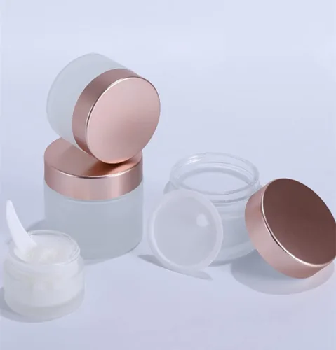 Vista 6 de 10 frascos vacíos de 0.35 oz/0.3 fl oz de vidrio esmerilado transparente para crema con tapas de oro rosa, recipiente para cosméticos, tarro