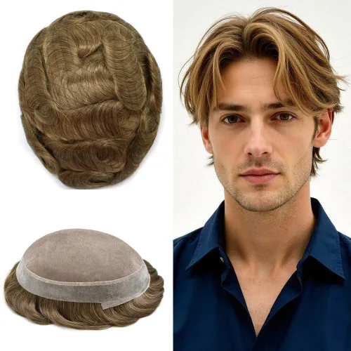 Vista 97 de Toupee para hombres Piezas de pelo fino mono para hombre Toupee sistema de reemplazo de pelo para hombres línea capilar natural para hombre postizo
