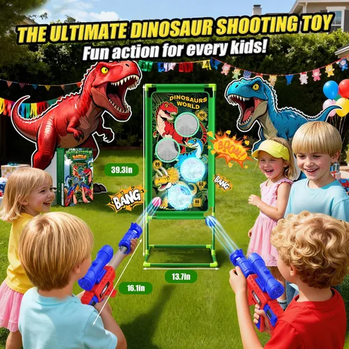 Vista 7 de Juego de disparos con dinosaurios, 2 lanzadores de bomba de aire con diversión de apuntar, 3 temas de dinosaurios y 4 puntos de puntuación