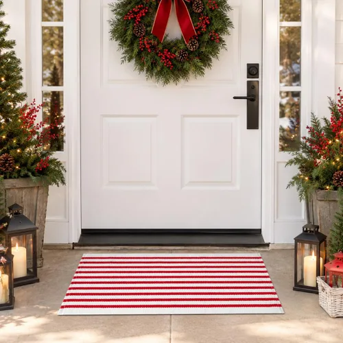 Vista 7 de USTIDE Orange White Stripe Woven Door Mat 2'x3' Washable Woven Striped Rug Orange&white Bold