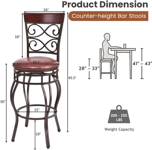 Vista 3 de Taburete de bar giratorio de 30 pulgadas de altura de asiento, taburetes de bar giratorios de 360 grados con asiento acolchado de cuero, sillas