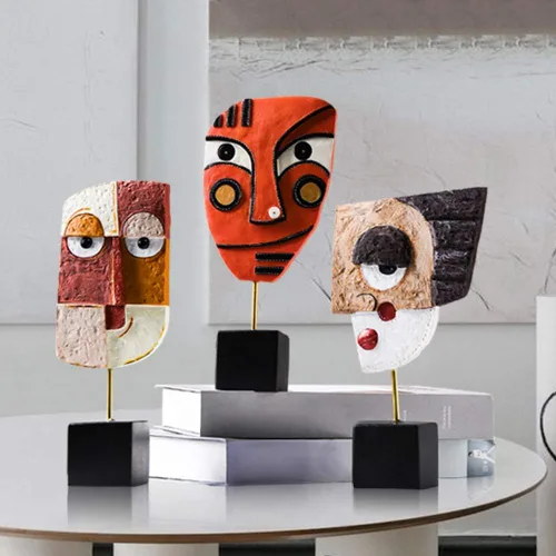 Vista 3 de Figuras abstractas de personajes artesanales, escultura de arte facial, escultura de resina hecha a mano, figura tallada a mano, Knick-Knack, hogar