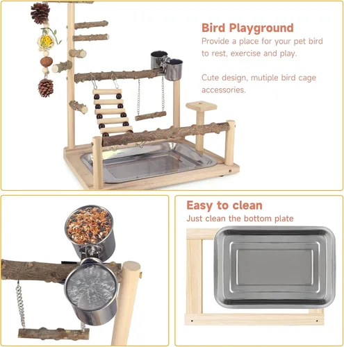 Vista 3 de Parque infantil para pájaros, juguetes naturales para loros, soporte de perca, columpio de cacatúa con juguetes para masticar, plataforma de loro