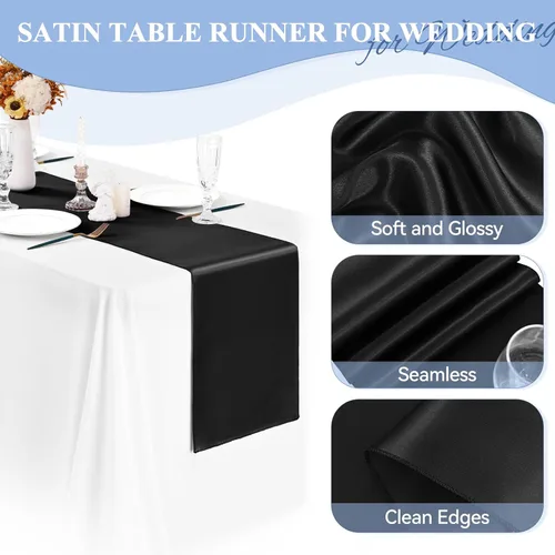 Vista 3 de Paquete de 24 caminos de mesa de satén negro de 12 x 72 pulgadas de largo, seda brillante, tela suave, dorada, para fiesta, boda, recepción
