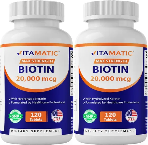Vista 10 de Vitamatic Biotina de alta potencia de 20000 mcg (20 mg) con queratina 100 mg – 120 tabletas – Suplementos de biotina para un cabello, piel y uñas