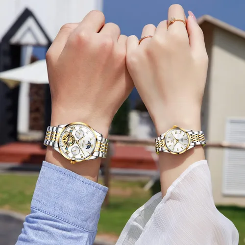 Vista 7 de OLEVS Juego de pares de relojes mecánicos automáticos con cuerda automática reloj a juego para él y ella regalos del día de San Valentín