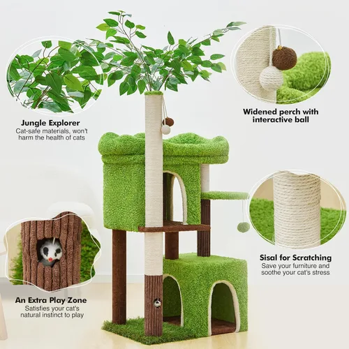 Vista 4 de Woochpet Árbol para gatos de 60 pulgadas con poste rascador para gatos en forma de árbol con 2 casas grandes para gatos y cama de percha superior