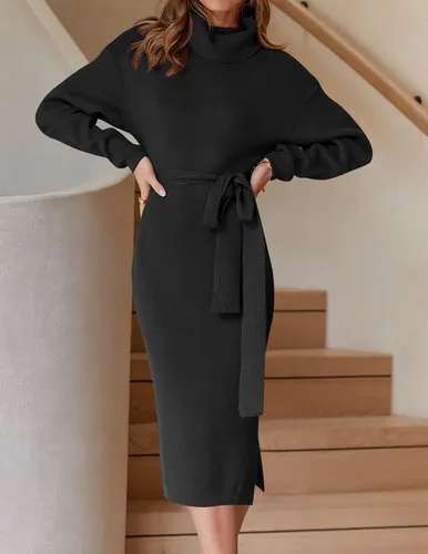 Vista 43 de ZESICA - Vestido por debajo de la rodilla de suéter, de cuello alto, para mujer, de manga larga, de punto acanalado, con abertura y cinturón