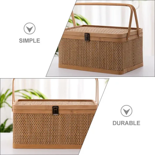 Vista 9 de Alipis Cesta de bambú con tapa, cesta de picnic de bambú con tapa y asa, cesta de almacenamiento tejida, cesta de pan de frutas, organizador