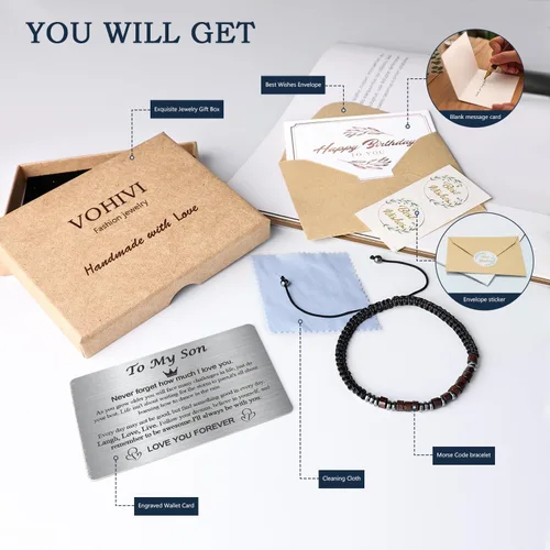 Vista 2 de Ideas de regalo para adolescentes y niños: Pulsera de código morse con texto en inglés "I LOVE YOU" para hijo - Ajustable, hecha a mano, rellenos
