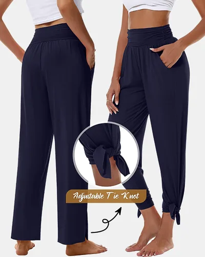 Vista 4 de 3 piezas de pantalones de yoga de pierna ancha para mujer, pantalones de descanso de cintura alta con bolsillos, pantalones deportivos de yoga