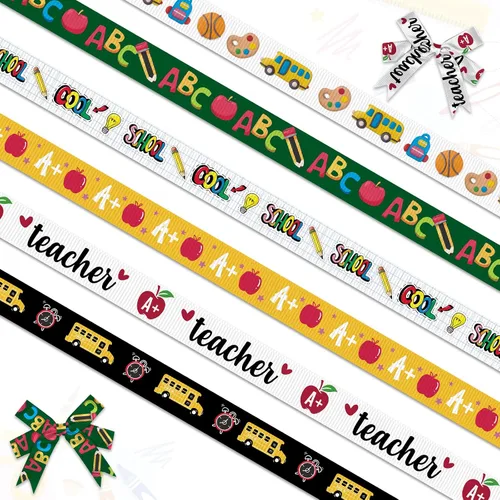 Vista 7 de Threetols 6 rollos de cintas de regreso a la escuela, 3/8 pulgadas, grogrén para día escolar, negro, verde, amarillo, lápiz de manzana, ABC Negro