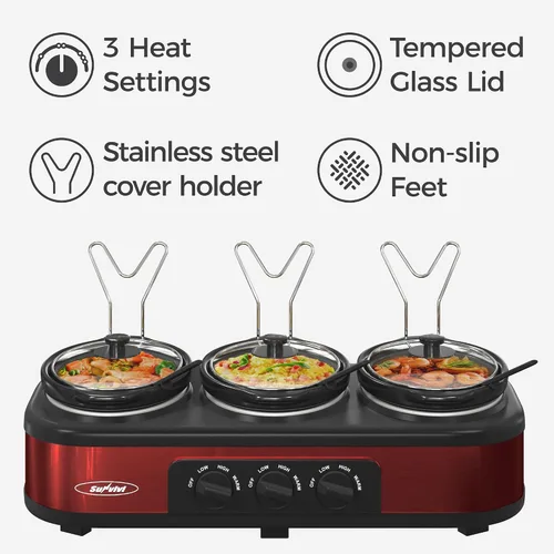 Vista 7 de Sunvivi Horno asador y triple olla de cocción lenta, tostador de pavo de 24 cuartos con función única de descongelación/calor, rojo, 3 ollas