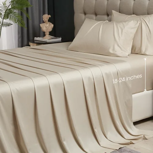 Vista 11 de HYPREST Sábanas refrescantes tamaño Queen – Rayón derivado de bambú, seda suave y transpirable, juego de sábanas de lujo que no sudan, sábanas Beige