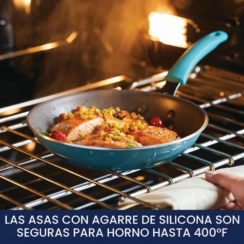 Vista 5 de Rachael Ray Cook + Create - Juego de sartenes antiadherentes, 9.5 pulgadas y 11.75 pulgadas, color azul agave