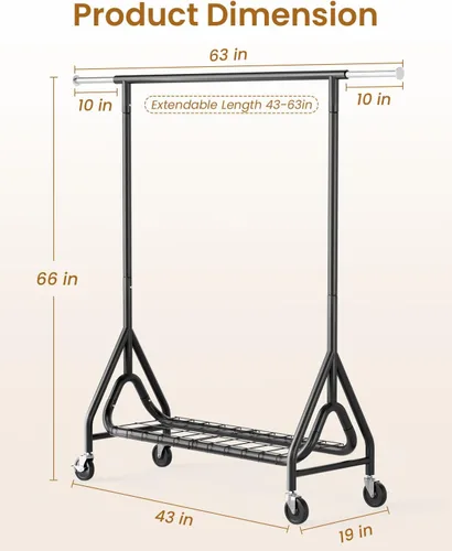 Vista 7 de Perchero de Ropa Resistente, Perchero de Ropa de Metal con Capacidad de 450 Libras, Percheros Rodantes para Colgar Ropa con Ruedas Bloqueables