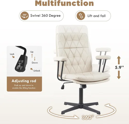 Vista 4 de Silla de escritorio sin ruedas, silla giratoria de oficina en casa con patas cruzadas Sillón de acento sólido blanco crema