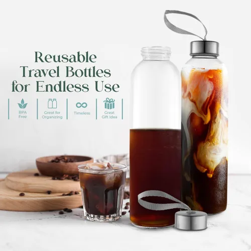 Vista 6 de Kitchen Lux Botellas de agua de vidrio de 24 onzas – Paquete de 4 – Fundas protectoras de nailon, tapas herméticas con rosca superior, bucles