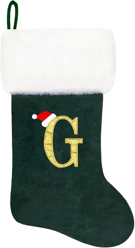 Vista 44 de Calcetines de Navidad bordados de 20 pulgadas con monograma, terciopelo negro con puño de felpa blanca supersuave, adornos clásicos para decoración