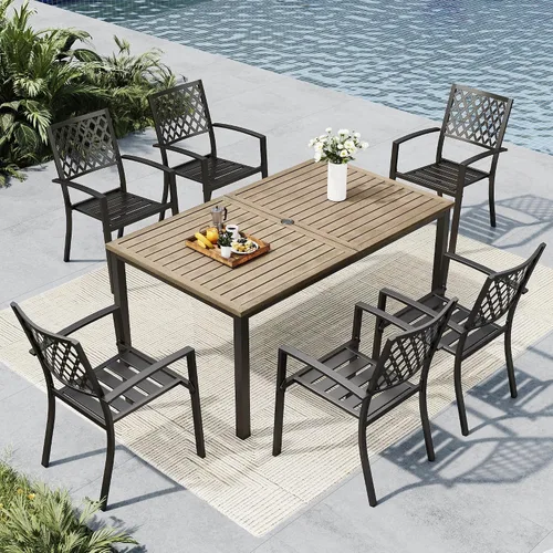 Vista 17 de MFSTUDIO Juego de comedor al aire libre para 6 con agujero para paraguas Patrón de red
