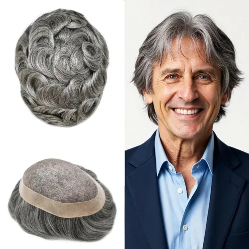 Vista 54 de Toupee de cabello humano fino mono revestido de poliéster para hombre, postizo de monofilamento duradero NPU monofilamento tupé para hombres