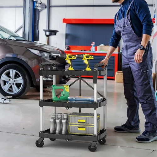 Vista 7 de YITAHOME - Carrito utilitario plegable de 3 niveles con ruedas (2 frenos), 240 libras