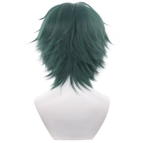 Vista 4 de Peluca de anime para cosplay, pelo sintético resistente al calor con gorra de peluca para fiesta de Halloween, Comic Con (verde oscuro-corto)