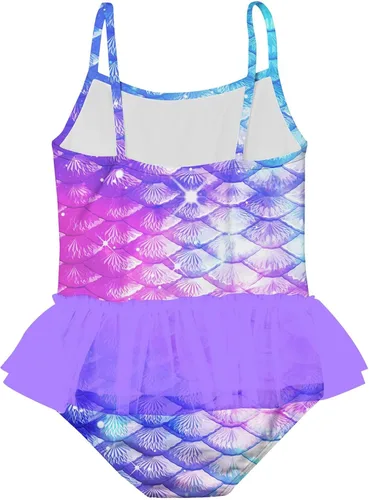 Vista 2 de swimsobo Traje de baño tutú de una pieza para niñas, traje de baño colorido de sirena con tirantes cruzados para niños de 2 a 8 años