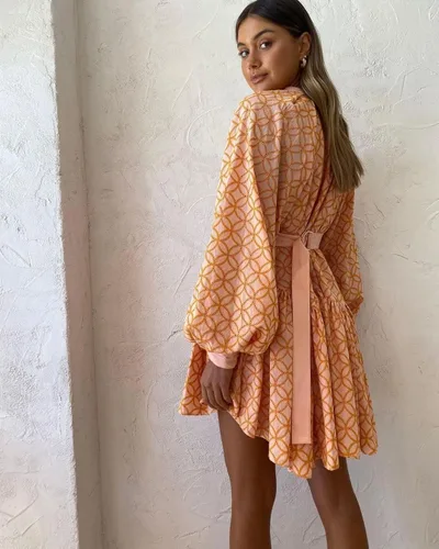 Vista 3 de Aox Women Vestido de manga con volantes y botones para la cintura, con bolsillos, mini falda con correa para la cintura