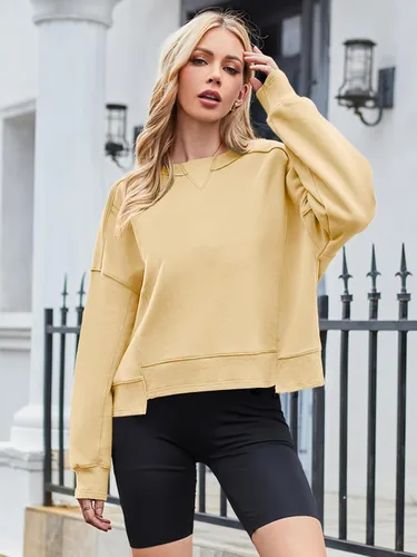 Vista 7 de MEROKEETY Sudaderas recortadas de gran tamaño para mujer, cuello redondo, forro polar, para entrenamiento, trajes de otoño