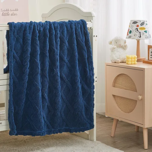 Vista 4 de KMUSET Manta Azul para Niños y Niñas 30 x 40 pulgadas, Suave Acogedora Difusa Envolvente Manta de Tiro Jacquard 3D, Azul Marino