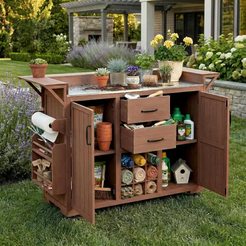Vista 13 de JIVOIT Isla de cocina al aire libre de 78.3 pulgadas con mesa plegable, carrito de madera para exteriores con almacenamiento de basura y parte