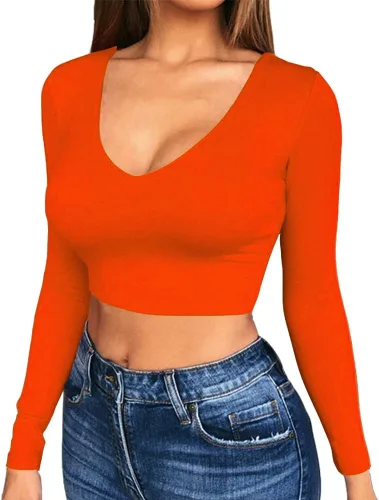 Vista 9 de Artfish Women's Long Sleeve Scoop V Neck Crop Top 04# Cuello en V Negro