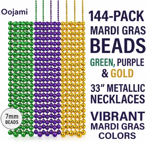 Vista 2 de Oojami 144 cuentas de Mardi Gras a granel, collares metálicos redondos de 33 pulgadas de 0.276 in, regalos de fiesta dorados, verdes y morados