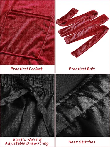Vista 4 de SOMSOC El juego de disfraz de Halloween para hombre incluye chaqueta de seda roja, pantalones negros, sombrero de capitán, tubo, lentes de sol