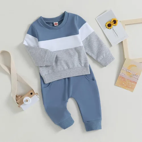 Vista 2 de BeQeuewll Ropa para bebé niño de otoño e invierno, 2 piezas, bloque de color, sudadera y pantalones con cuello redondo