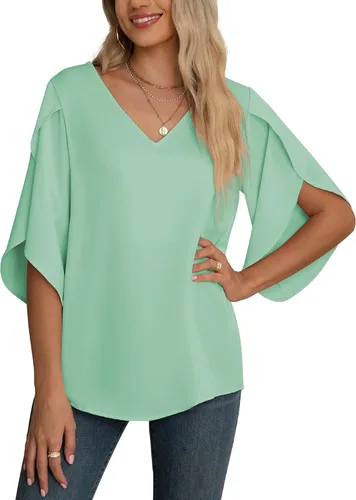 Vista 28 de Blusas de gasa con mangas 3/4 arrugadas de otoño para mujer de Jouica 01amy Verde