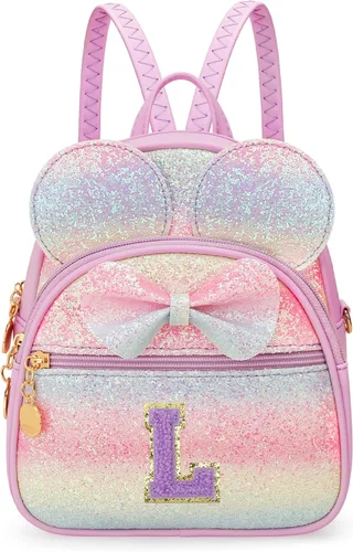 Vista 39 de KKXIU Mochilas Mini con Moño Inicial para Niñas y Mujeres, Linda Mochila Pequeña con Asa de Bolso, Regalos Personalizados para Niños, Arcoíris